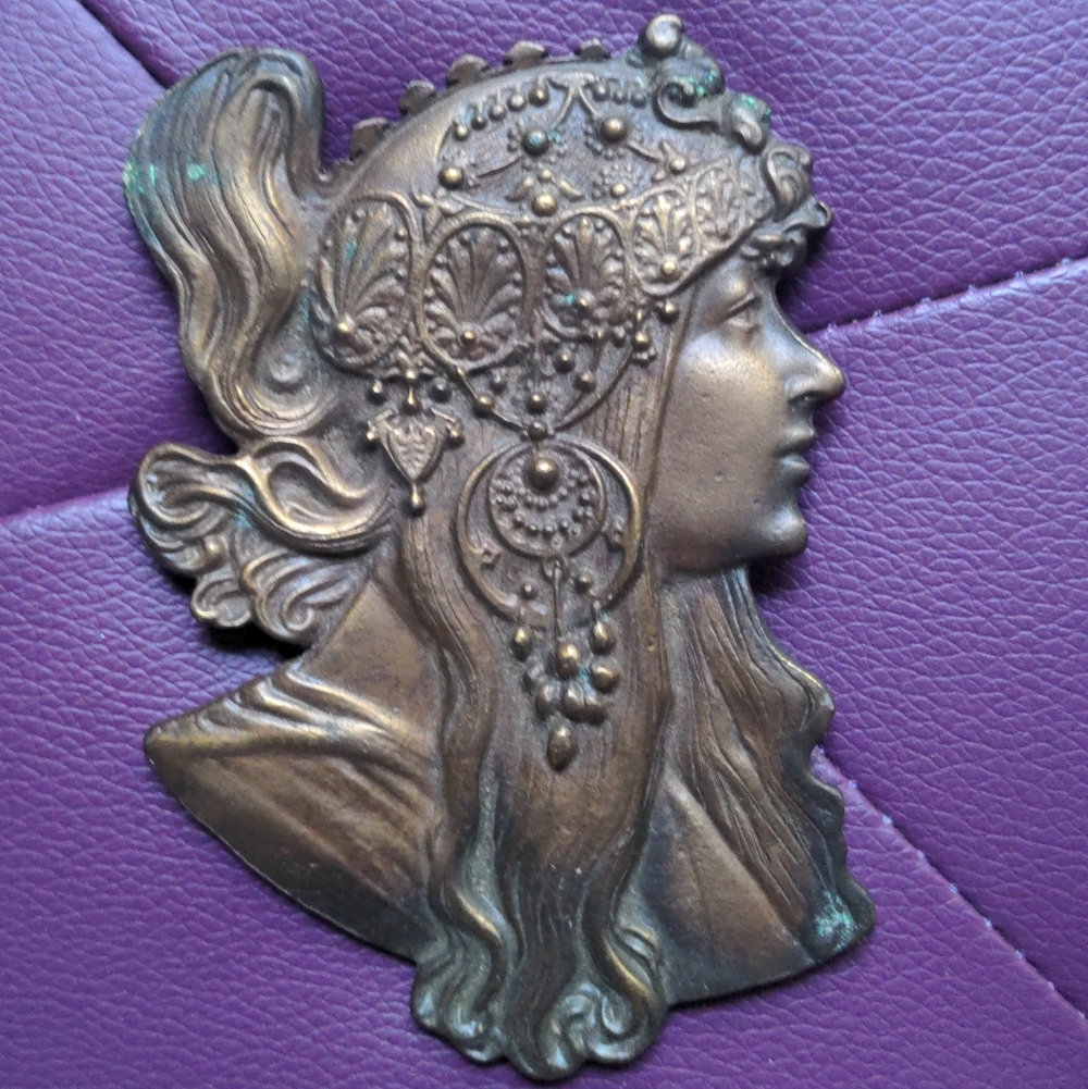 Bergamot Brass Works Alphonse Mucha Art Nouveau Brunette Belt Buckle